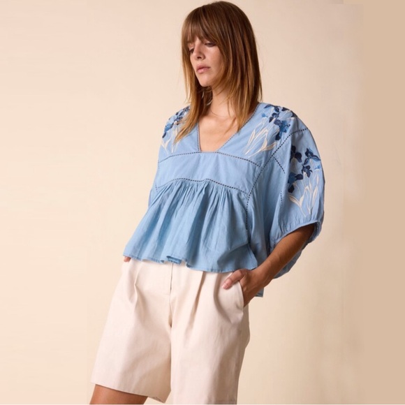 NWT St. Roche Women’s Summer Top Wedgewood Blue Embroidered Size XS - Picture 1 of 8